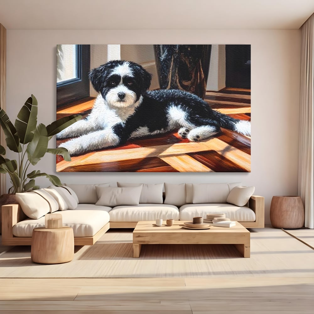 Tablou canvas cu tablou canvas cu catel negru cu alb, fara rama, pe sasiu de lemn, pe perete intr-un living